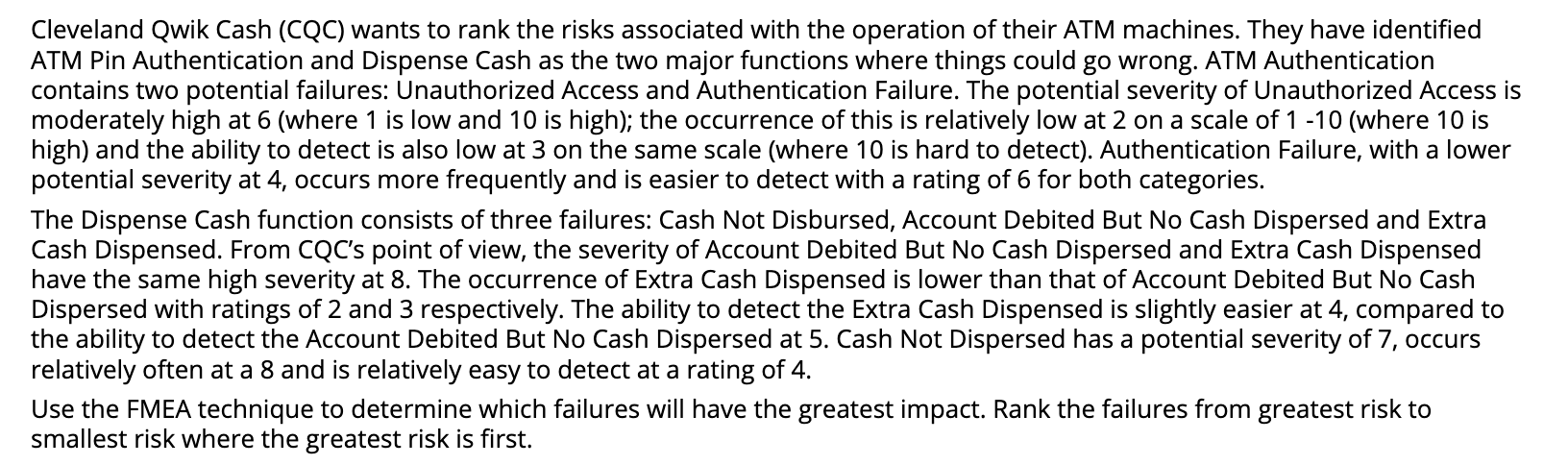 Cleveland Qwik Cash (CQC) wants to rank the risks