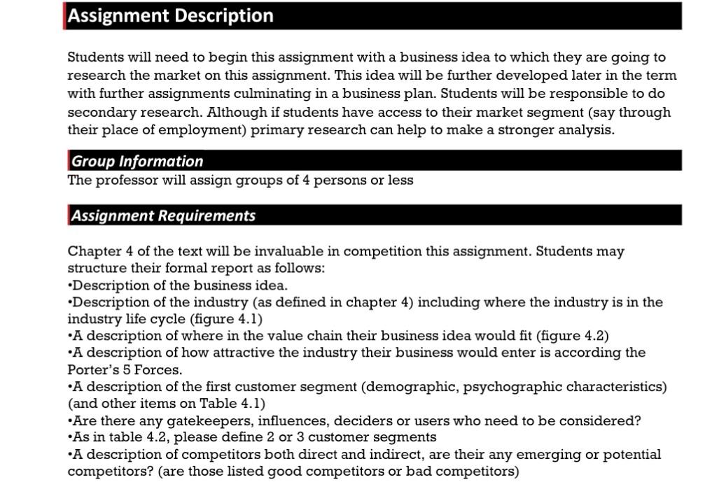 Assignment Description Students will need to