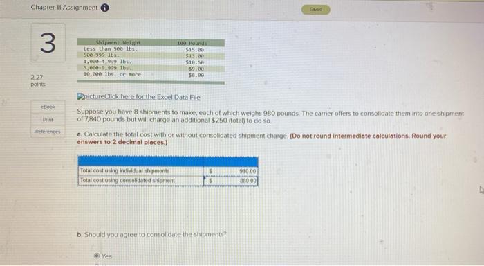 Chapter 11 Assignment 3 Shipment Weight Less than