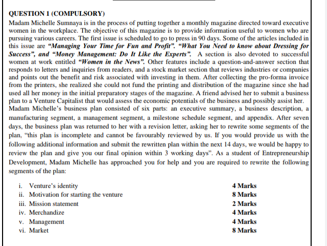 a QUESTION 1 (COMPULSORY) Madam Michelle Sumnaya