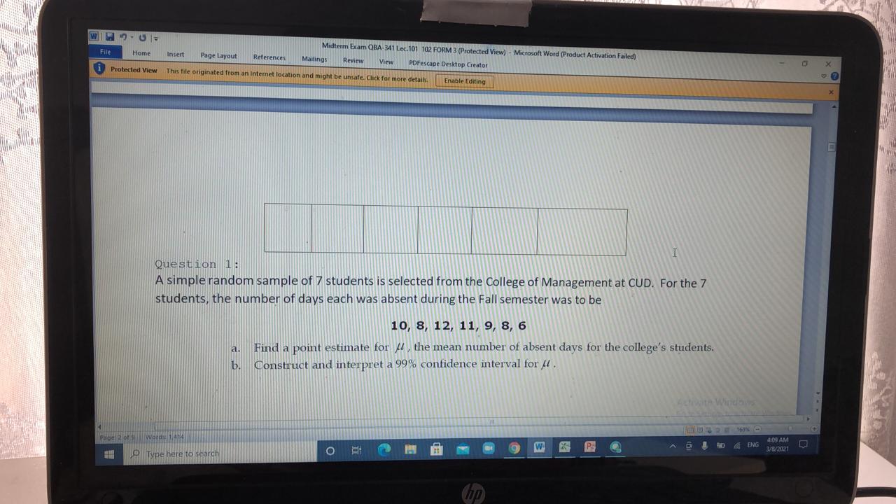 WI-U- UTE File Home Midterm Exam QBA-341 Lec. 101