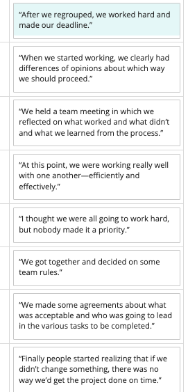 Match the example and the team development phase