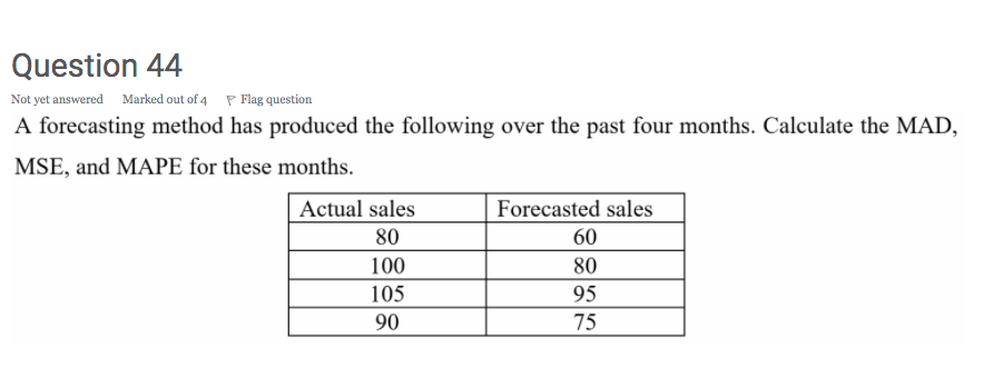 Question 44 Not yet answered Marked out of 4 Flag