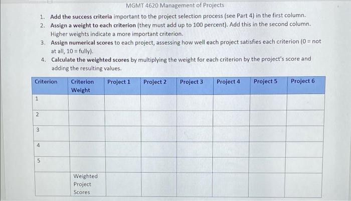 MGMT 4620 Management of Projects 1. Add the