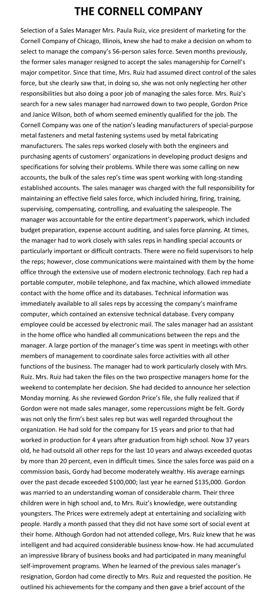 THE CORNELL COMPANY Selection of a Sales Manager