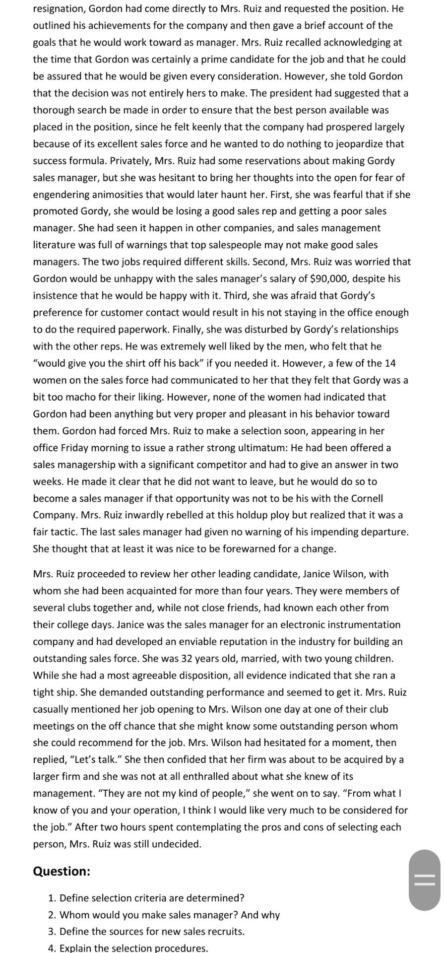 THE CORNELL COMPANY Selection of a Sales Manager