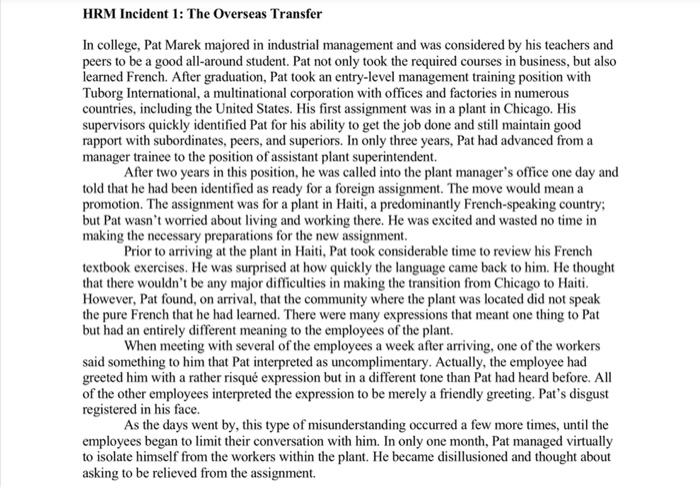 HRM Incident 1: The Overseas Transfer In college,