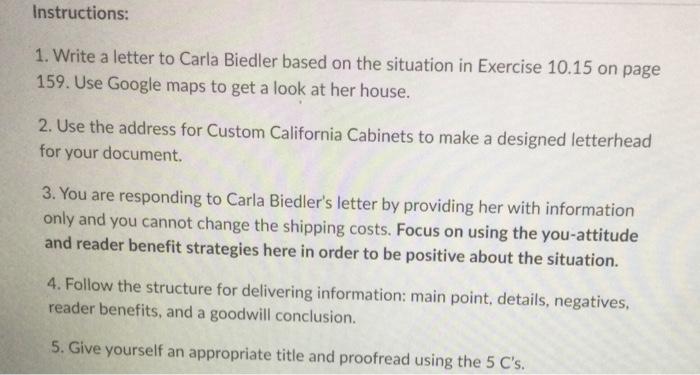 Instructions: 1. Write a letter to Carla Biedler