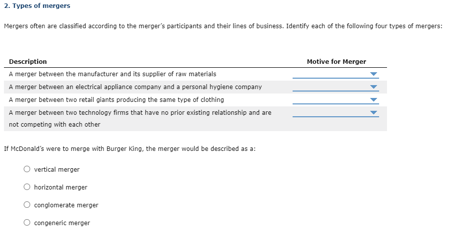 2. Types of mergers Mergers often are classified