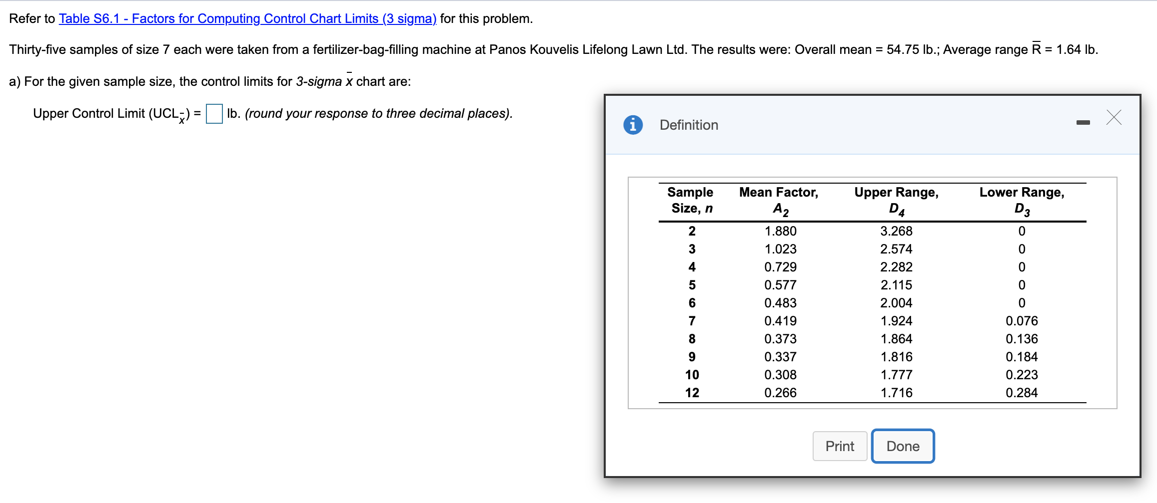 Refer to Table S6.1 - Factors for Computing