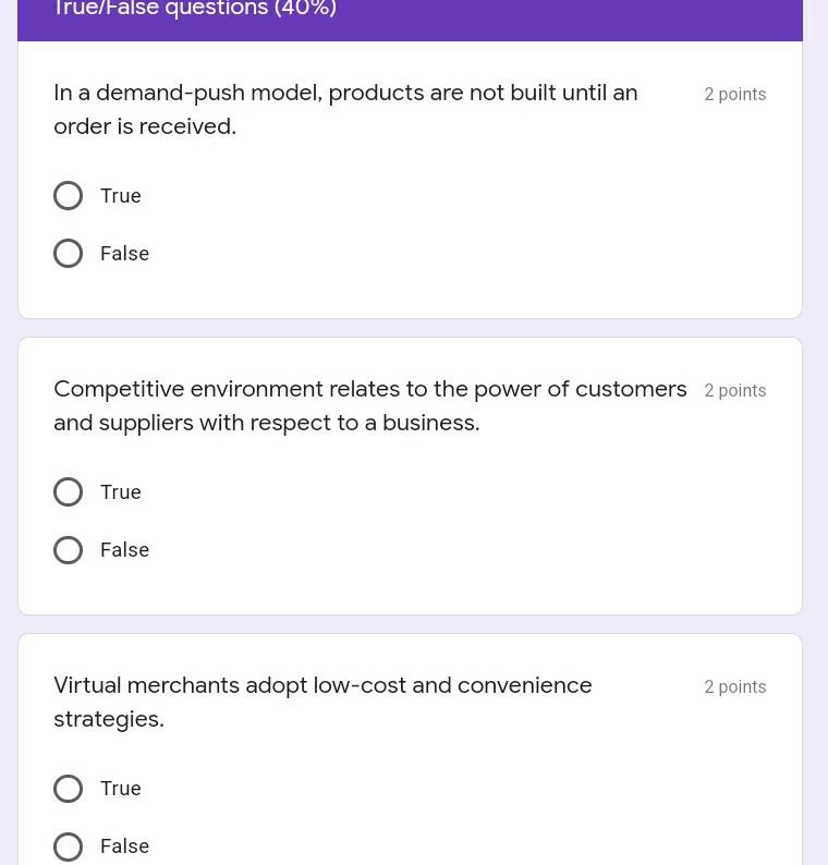 exam plz be fast True/False questions (40%) In a