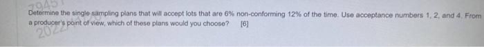 Determine the single sampling plans that will