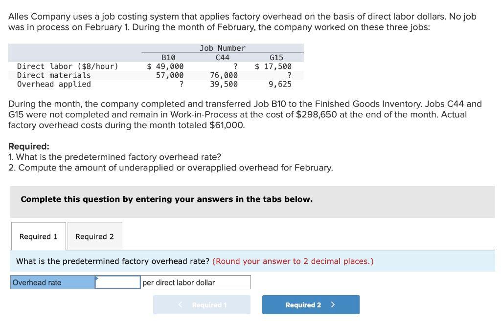 Alles Company uses a job costing system that