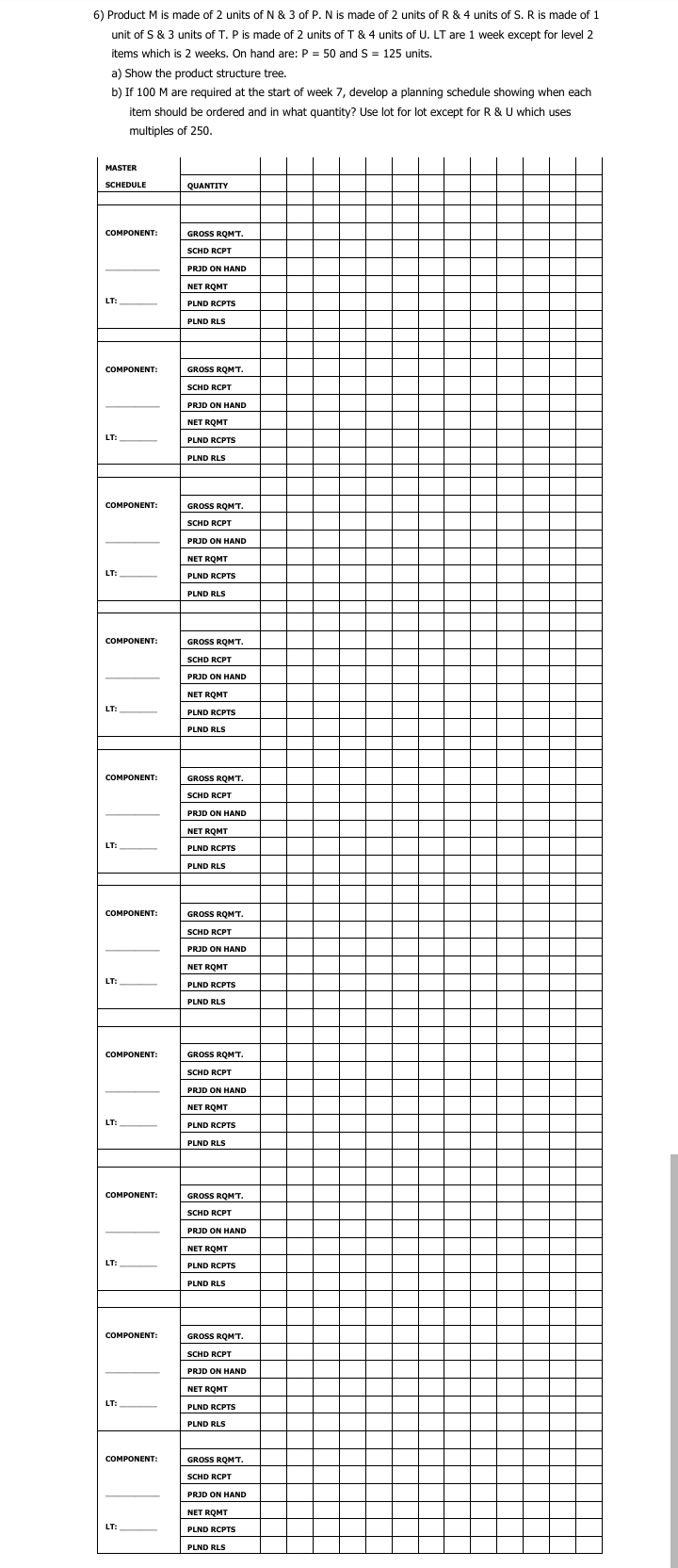 6) Product M is made of 2 units of N & 3 of P. N