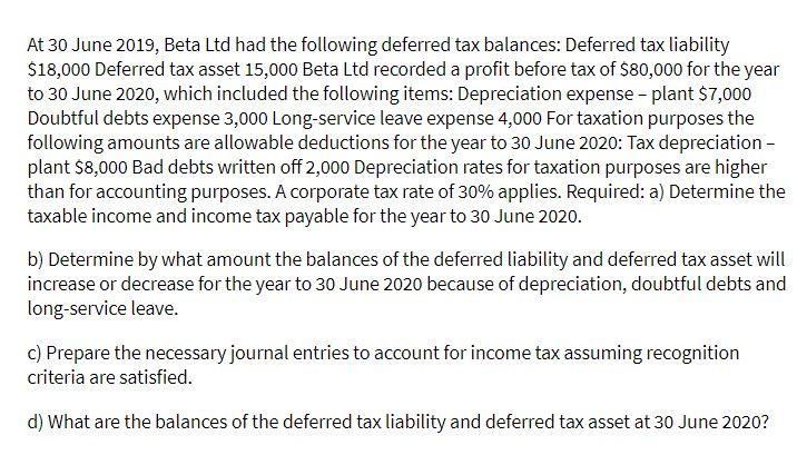 At 30 June 2019, Beta Ltd had the following