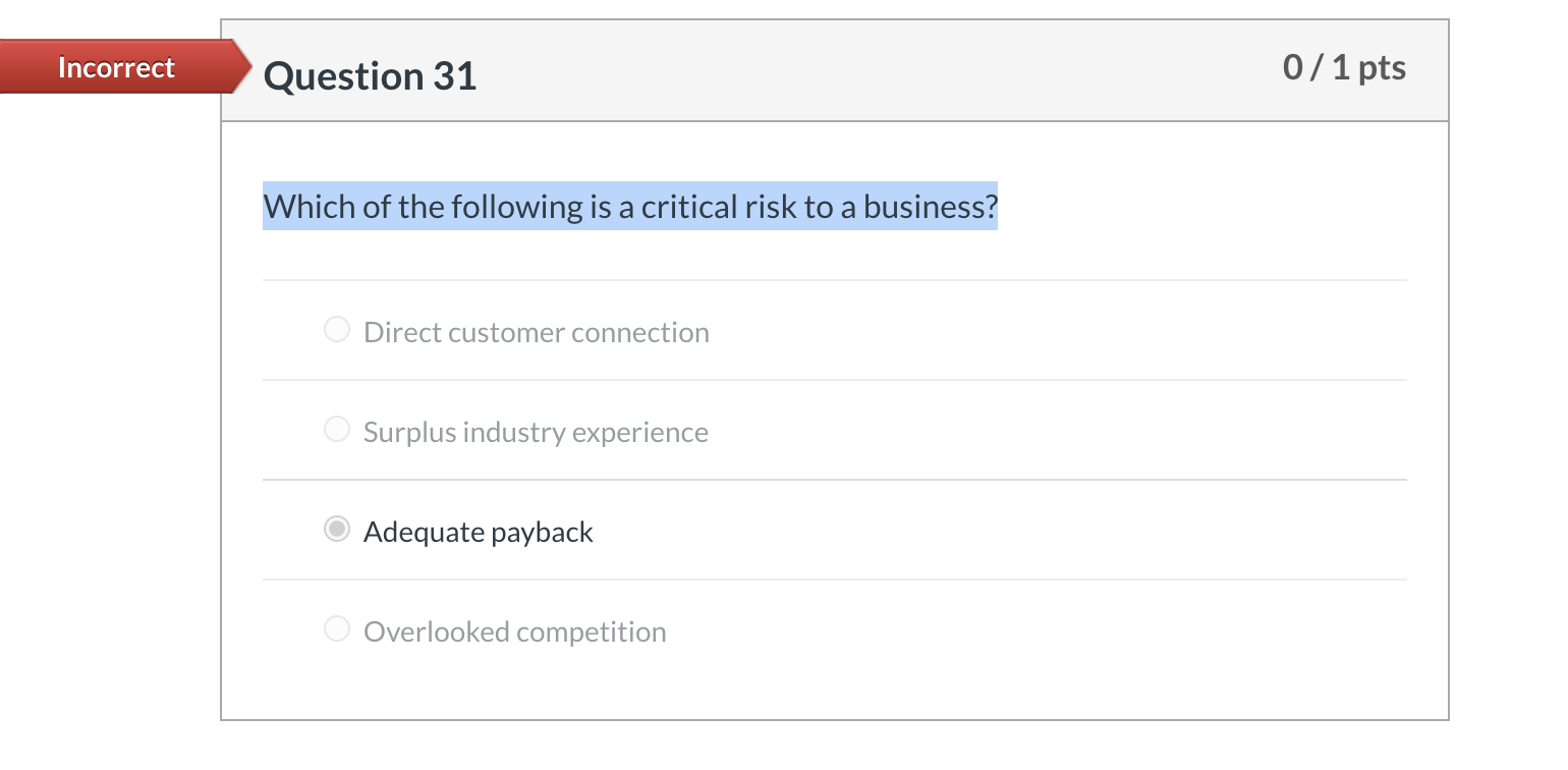 Incorrect Question 31 0 / 1 pts Which of the