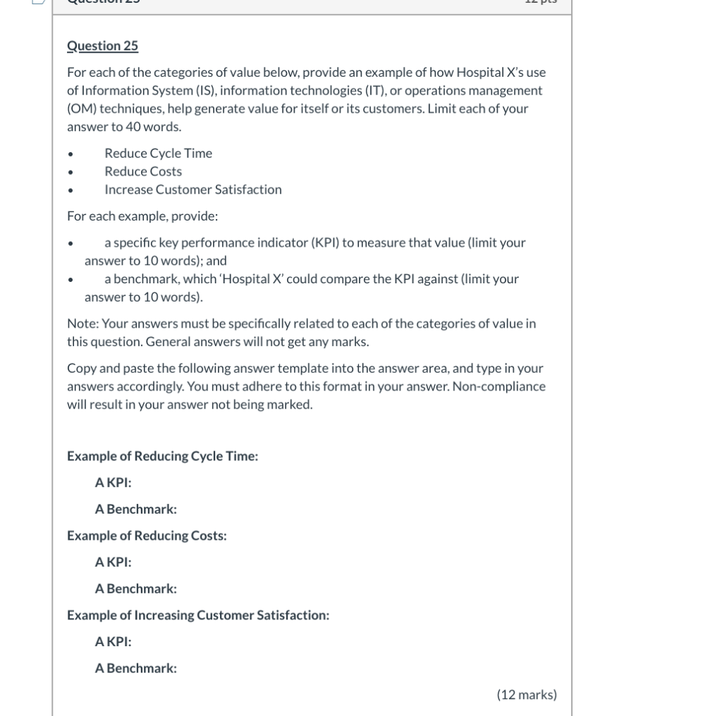 Question 25 For each of the categories of value