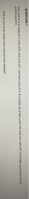 QUESTION 1 One unit of Ais made of 2 units of B,