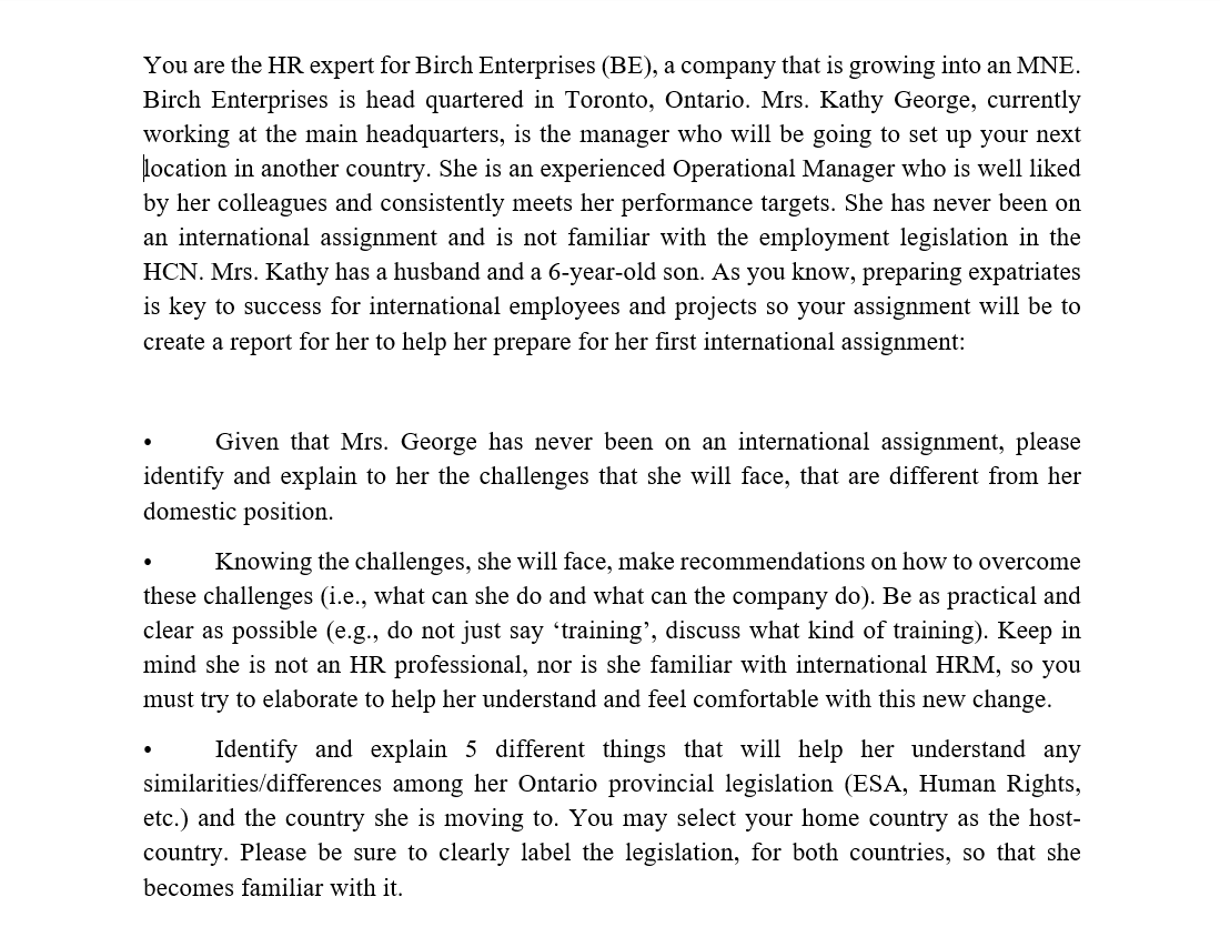 You are the HR expert for Birch Enterprises (BE),