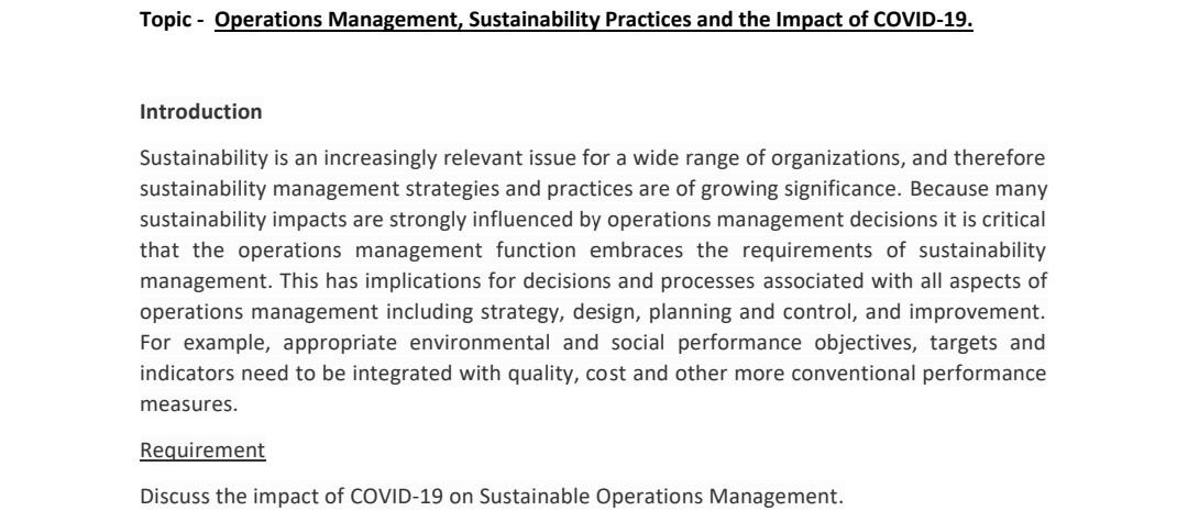 Topic - Operations Management, Sustainability