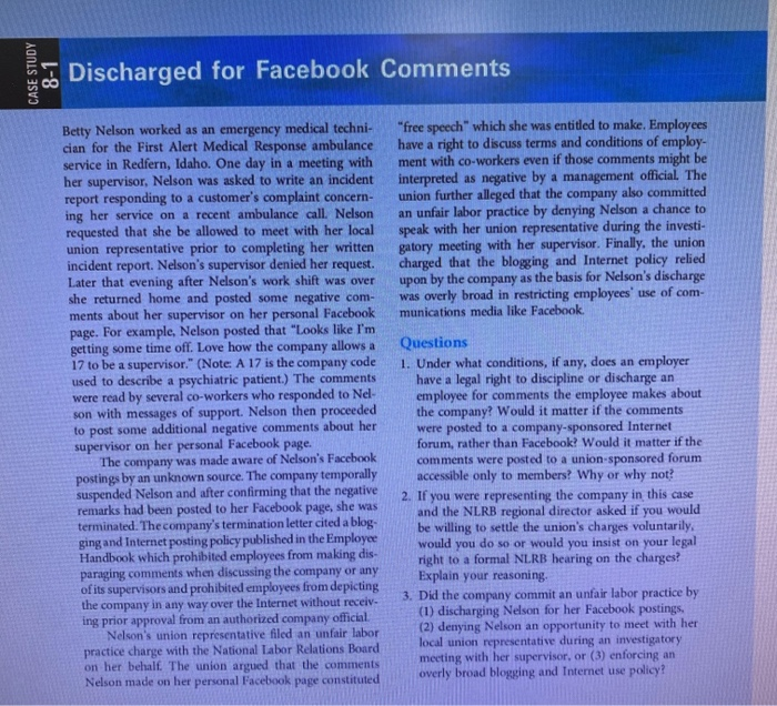 CASE STUDY 8-1 Discharged for Facebook Comments