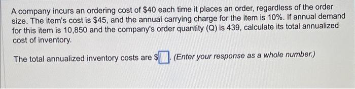 A company incurs an ordering cost of $40 each
