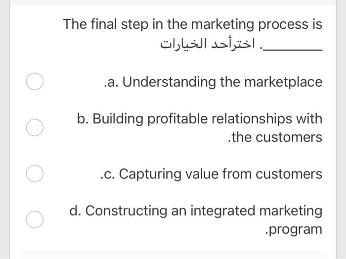 The final step in the marketing process is .a.