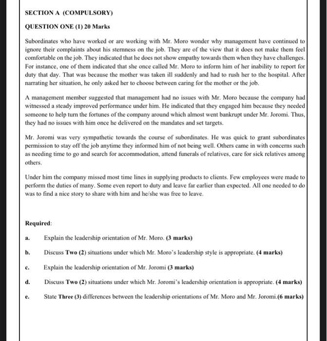 SECTION A (COMPULSORY) QUESTION ONE (1) 20 Marks