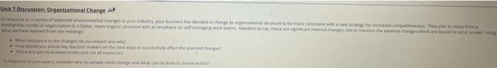 Unit 7 Discussion Organisational Change A+ y