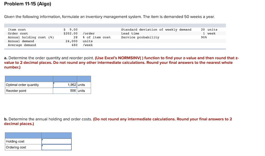 Problem 11-15 (Algo) Given the following