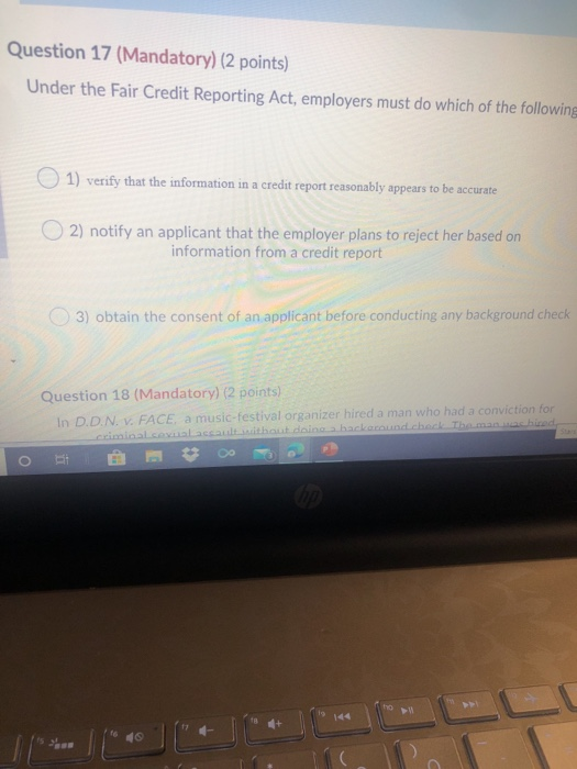 Question 17 (Mandatory) (2 points) Under the Fair