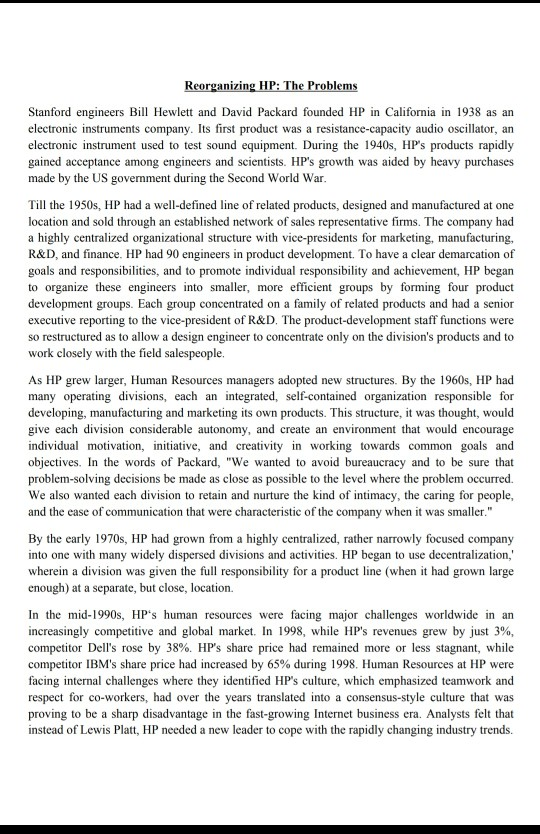 Reorganizing HP: The Problems Stanford engineers