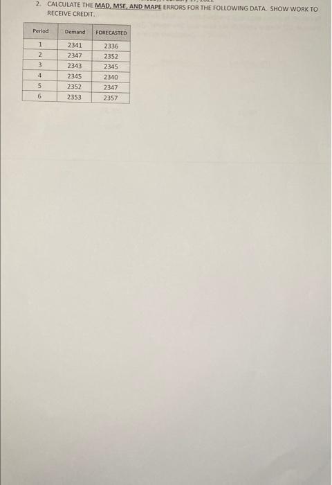 2. CALCULATE THE MAD MSE, AND MAPE ERRORS FOR THE