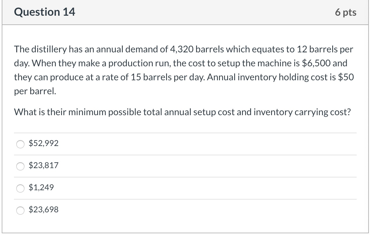 Question 14 6 pts The distillery has an annual