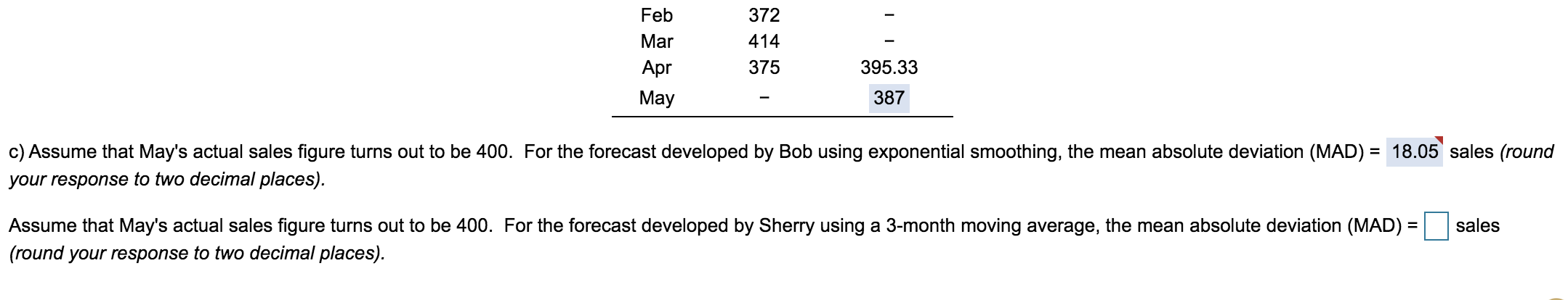 Feb Mar Apr May 372 414 375 395.33 387 c) Assume