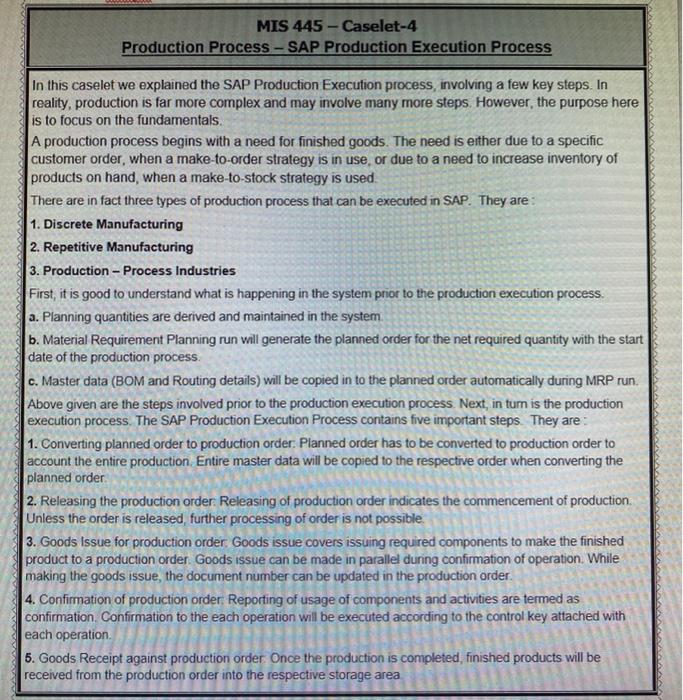 MIS 445 -Caselet-4 Production Process - SAP