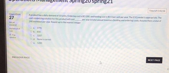 1820 spring21 Time left 0:42:58 Question 27 Not