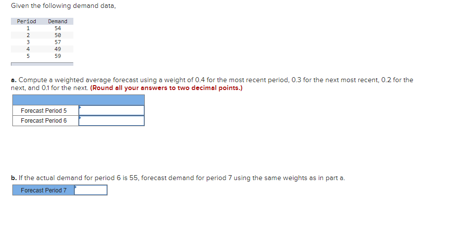 Given the following demand data, Period Demand 54