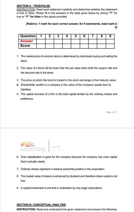 SECTION A - TRUE/FALSE INSTRUCTION: Read each