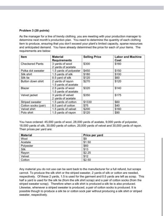 operation research question Problem 3 (20 points)
