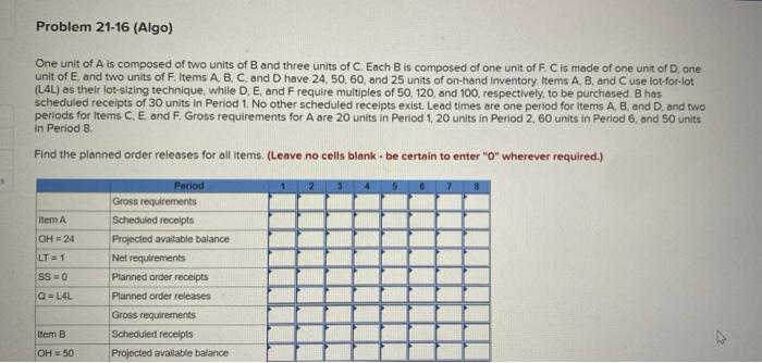 Problem 21-16 (Algo) One unit of A is composed of
