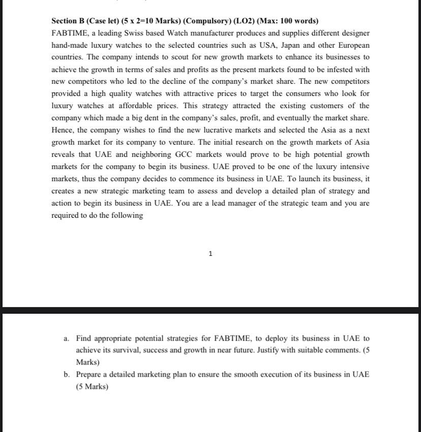 Section B (Case let) (5 x 2=10 Marks)
