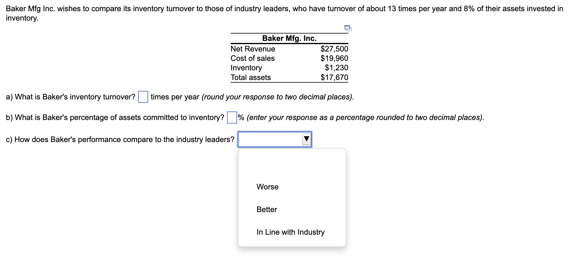 Baker Mfg Inc. wishes to compare its inventory