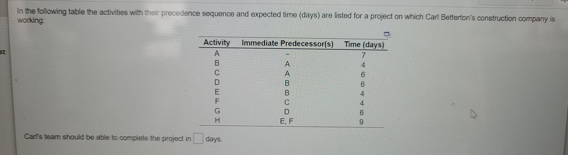 in the following table the activities with their