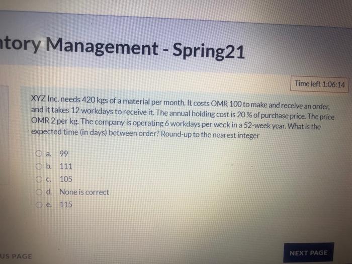 ntory Management - Spring21 Time left 1:06:14 XYZ