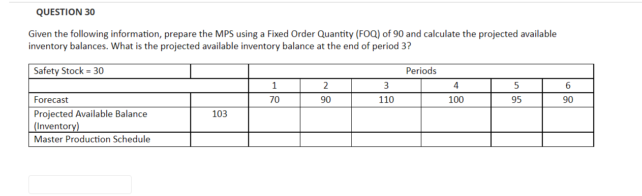 QUESTION 30 Given the following information,