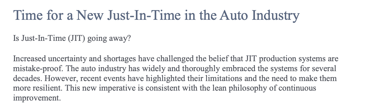 Time for a New Just-In-Time in the Auto Industry