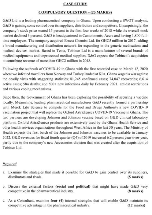 CASE STUDY COMPULSORY QUESTION - (25 MARKS) G&D