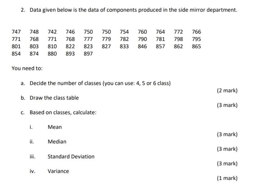 2. Data given below is the data of components