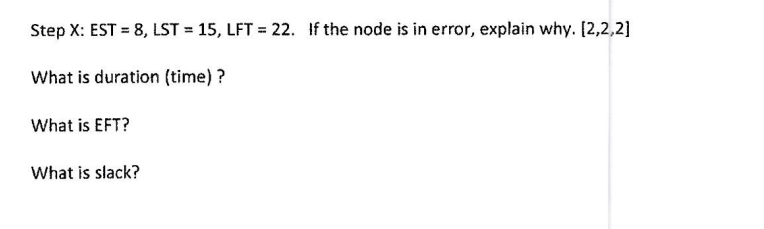Step X:EST=8,LST=15,LFT=22. If the node is in